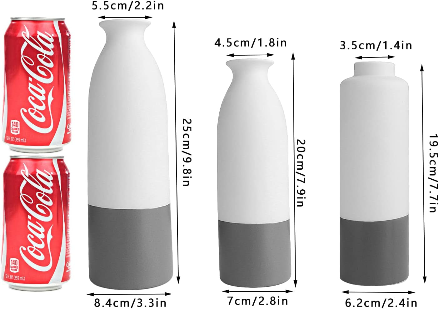 Set of 3 White Gray Ceramic Vase 7.8In 8In 9.8In Flower Vase Bottles for Home Décor Office Decoration Wedding Special Occasion Dried Floral Arrangements