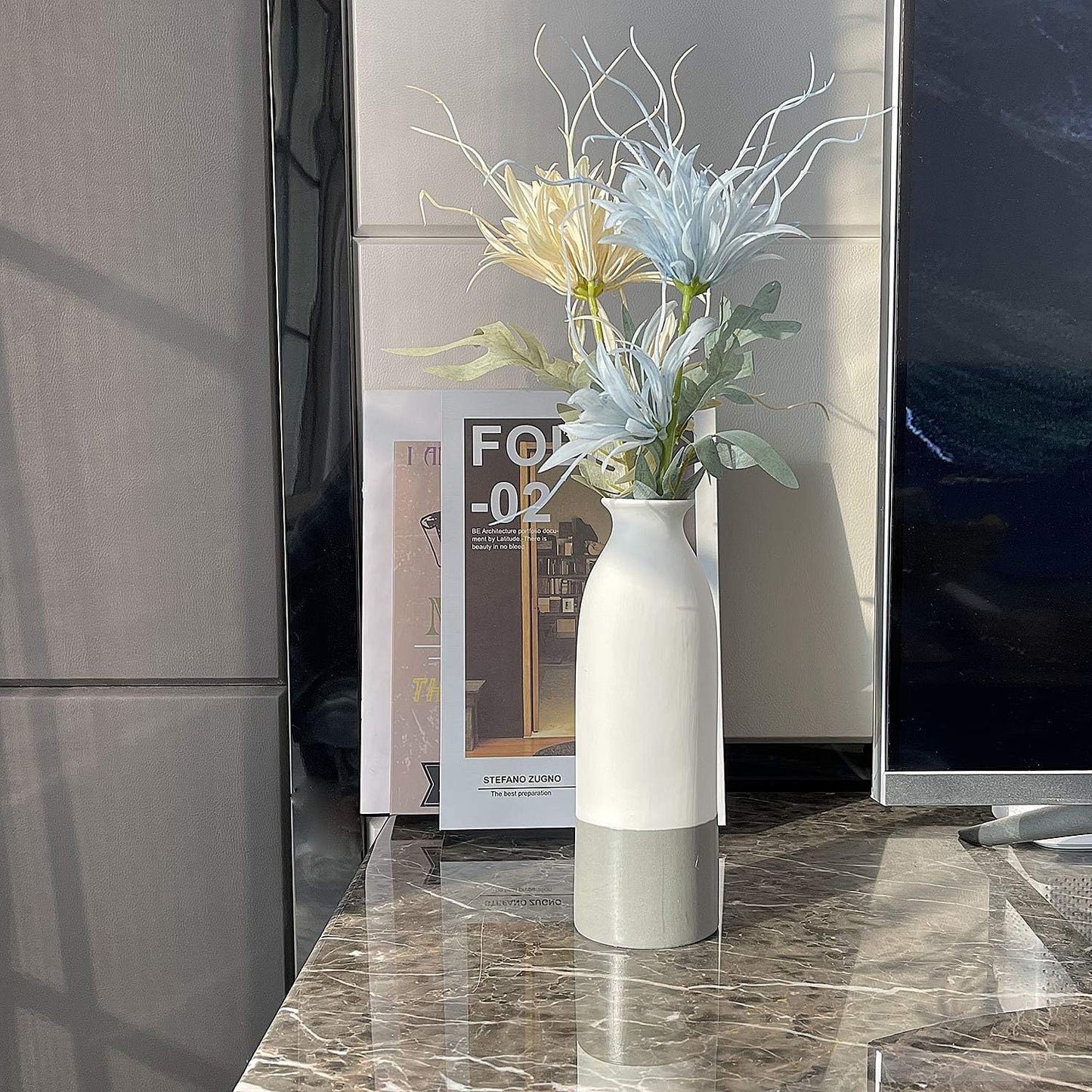 Set of 3 White Gray Ceramic Vase 7.8In 8In 9.8In Flower Vase Bottles for Home Décor Office Decoration Wedding Special Occasion Dried Floral Arrangements